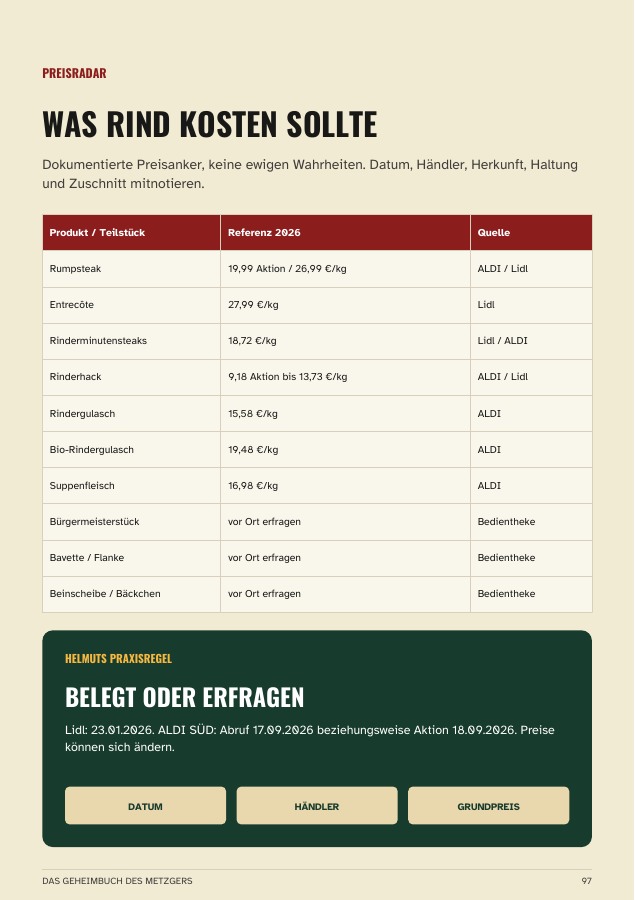 Originalseite 97 aus Das Geheimbuch des Metzgers: Preisradar: Was Rind kosten sollte